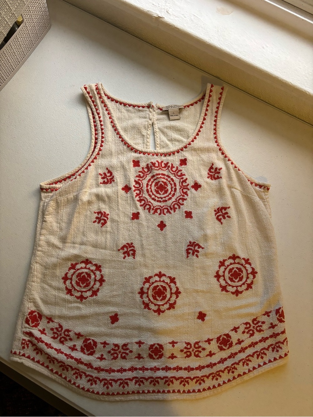 Lucky Brand Cream Sleeveless Tank with Red Embroidery